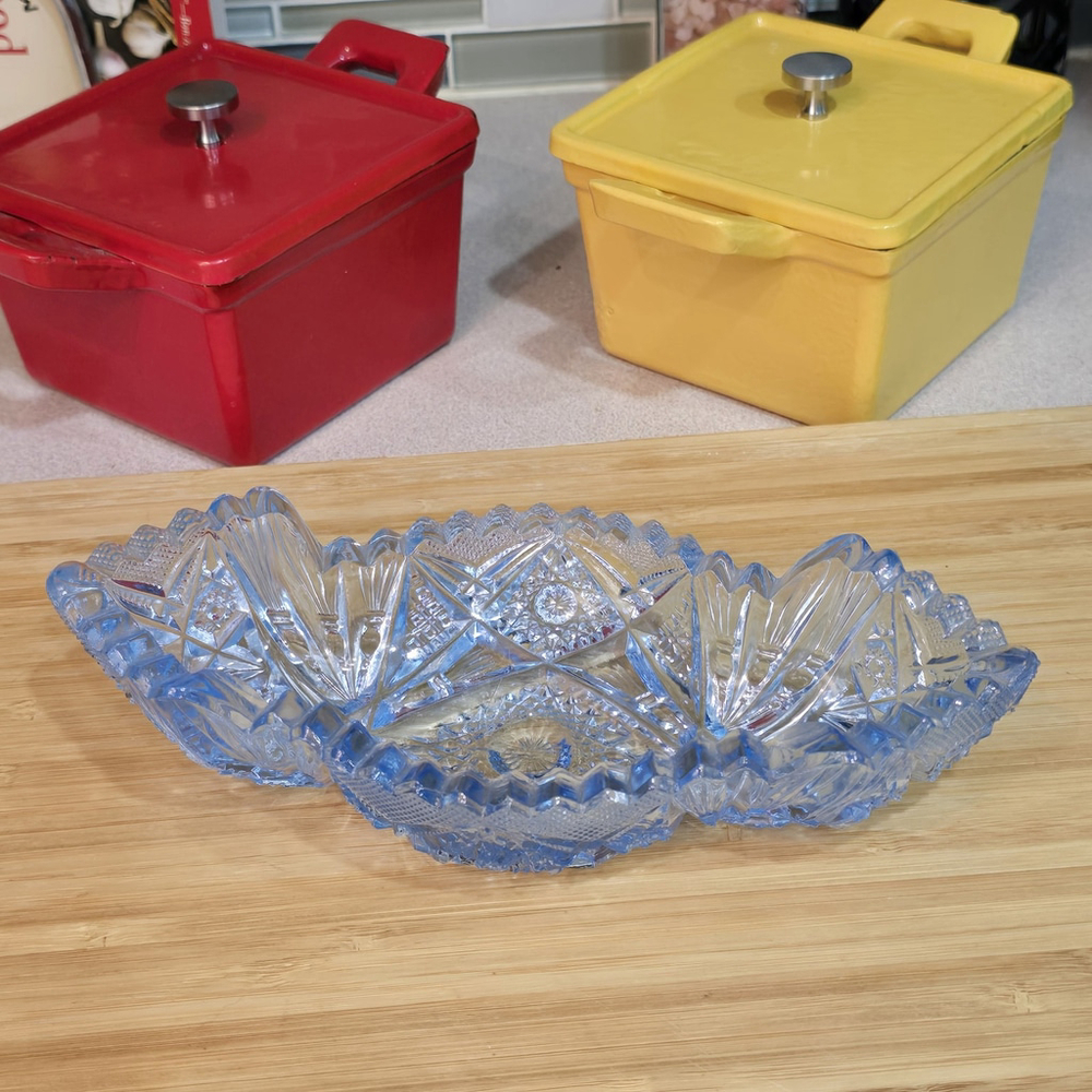 Vintage Pressed‎ Glass Relish Dish 10" Ornate Cut Pattern Candy Nut Bowl Decor